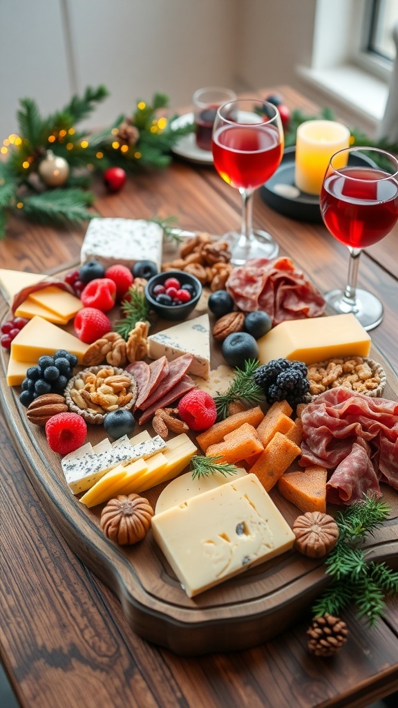 A festive Christmas charcuterie board with drinks, showcasing cheeses, meats, and holiday decorations.